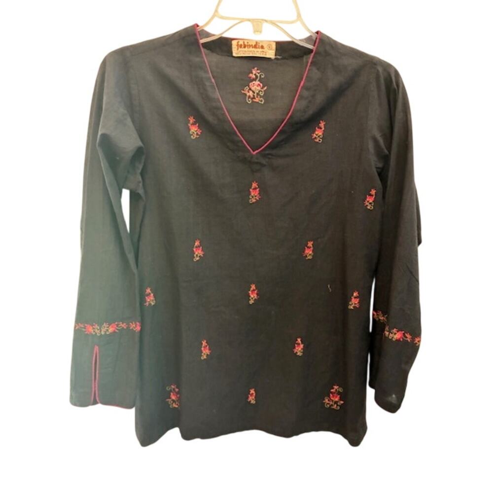 Fabindia‎ Black Embroidered Boho Tunic Festival Top Cotton Small New